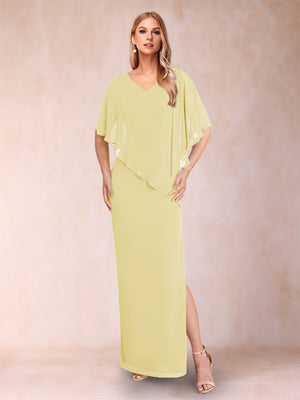 Sheath/Column Chiffon V-Neck Half Sleeves Mother of the Bride Dresses with Split Side