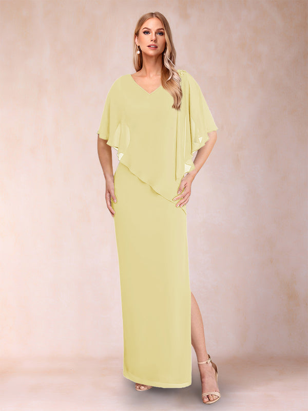 Sheath/Column Chiffon V-Neck Half Sleeves Mother of the Bride Dresses with Split Side