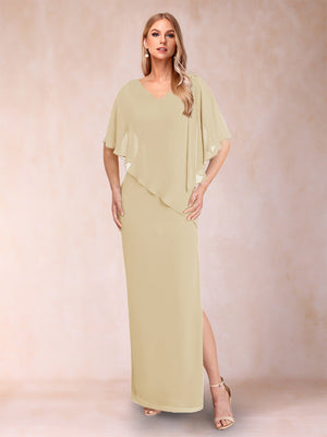 Sheath/Column Chiffon V-Neck Half Sleeves Mother of the Bride Dresses with Split Side