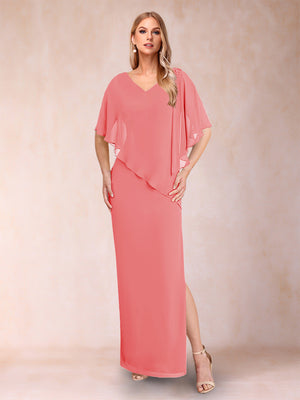 Sheath/Column Chiffon V-Neck Half Sleeves Mother of the Bride Dresses with Split Side