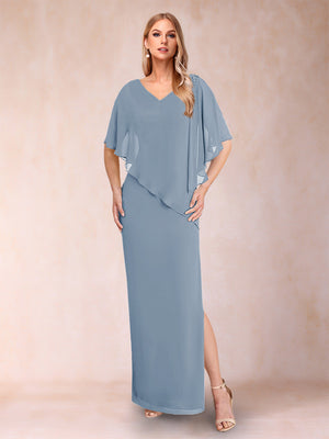 Sheath/Column Chiffon V-Neck Half Sleeves Mother of the Bride Dresses with Split Side