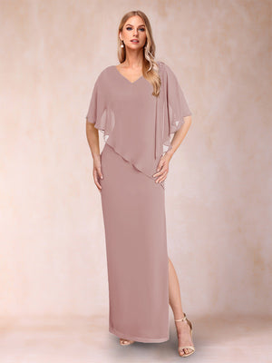 Sheath/Column Chiffon V-Neck Half Sleeves Mother of the Bride Dresses with Split Side