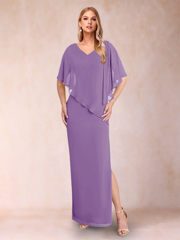 Sheath/Column Chiffon V-Neck Half Sleeves Mother of the Bride Dresses with Split Side