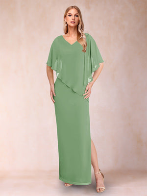 Sheath/Column Chiffon V-Neck Half Sleeves Mother of the Bride Dresses with Split Side
