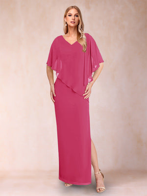 Sheath/Column Chiffon V-Neck Half Sleeves Mother of the Bride Dresses with Split Side