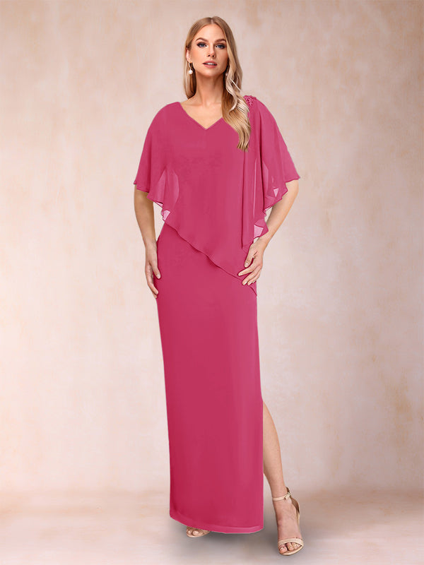 Sheath/Column Chiffon V-Neck Half Sleeves Mother of the Bride Dresses with Split Side