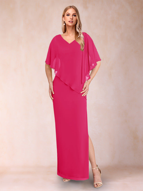 Sheath/Column Chiffon V-Neck Half Sleeves Mother of the Bride Dresses with Split Side