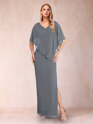Sheath/Column Chiffon V-Neck Half Sleeves Mother of the Bride Dresses with Split Side