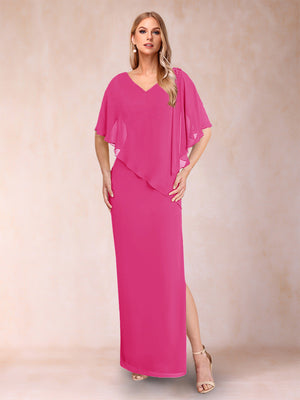 Sheath/Column Chiffon V-Neck Half Sleeves Mother of the Bride Dresses with Split Side