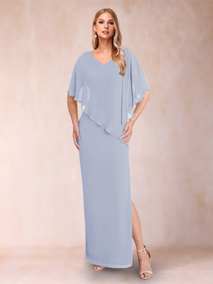 Sheath/Column Chiffon V-Neck Half Sleeves Mother of the Bride Dresses with Split Side