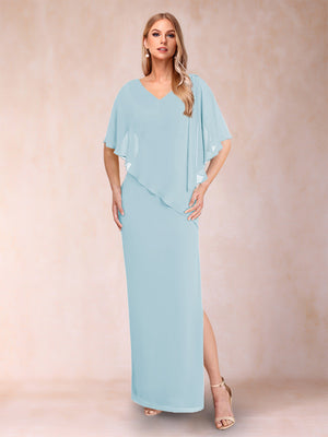 Sheath/Column Chiffon V-Neck Half Sleeves Mother of the Bride Dresses with Split Side