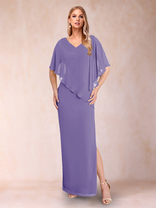 Sheath/Column Chiffon V-Neck Half Sleeves Mother of the Bride Dresses with Split Side