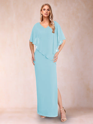 Sheath/Column Chiffon V-Neck Half Sleeves Mother of the Bride Dresses with Split Side