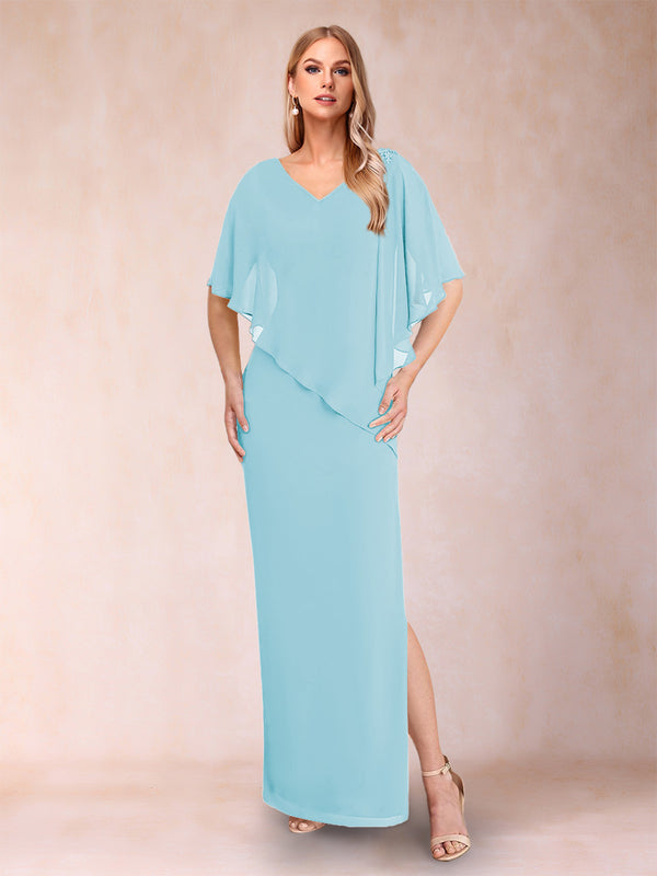 Sheath/Column Chiffon V-Neck Half Sleeves Mother of the Bride Dresses with Split Side
