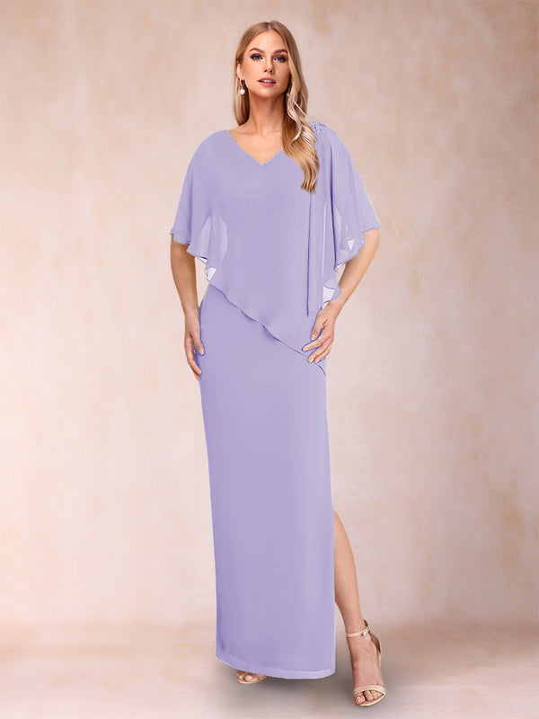Sheath/Column Chiffon V-Neck Half Sleeves Mother of the Bride Dresses with Split Side
