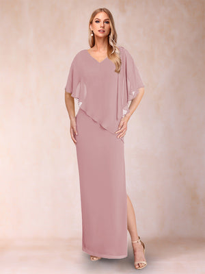 Sheath/Column Chiffon V-Neck Half Sleeves Mother of the Bride Dresses with Split Side