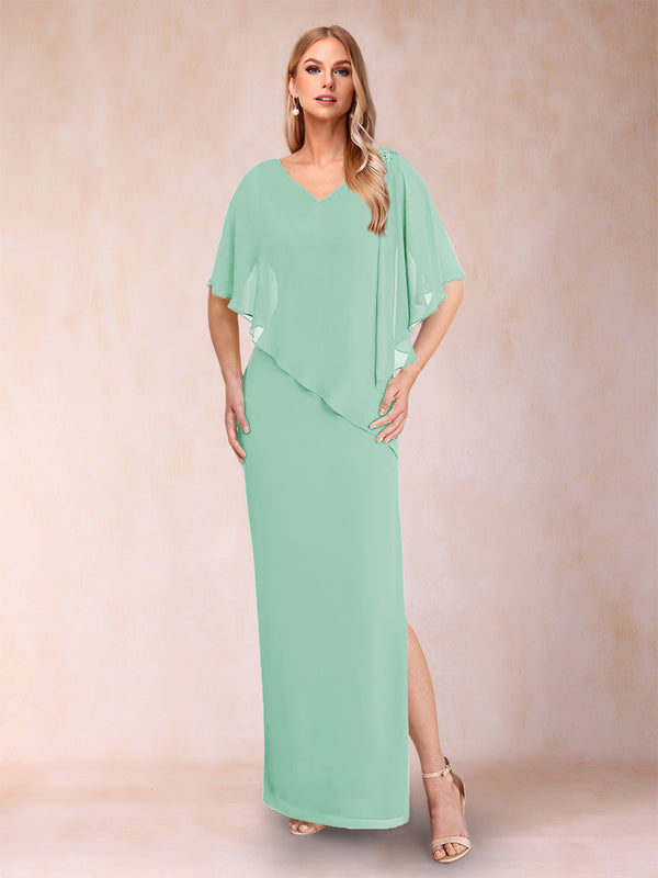 Sheath/Column Chiffon V-Neck Half Sleeves Mother of the Bride Dresses with Split Side
