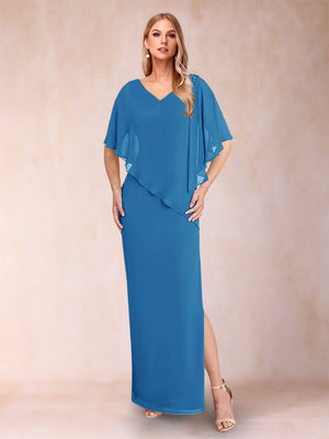 Sheath/Column Chiffon V-Neck Half Sleeves Mother of the Bride Dresses with Split Side