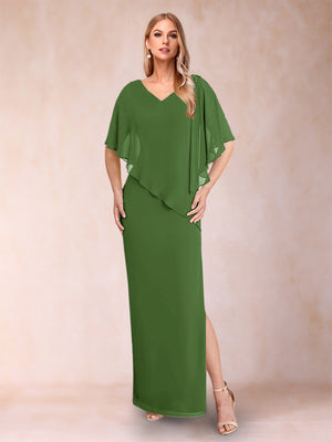Sheath/Column Chiffon V-Neck Half Sleeves Mother of the Bride Dresses with Split Side