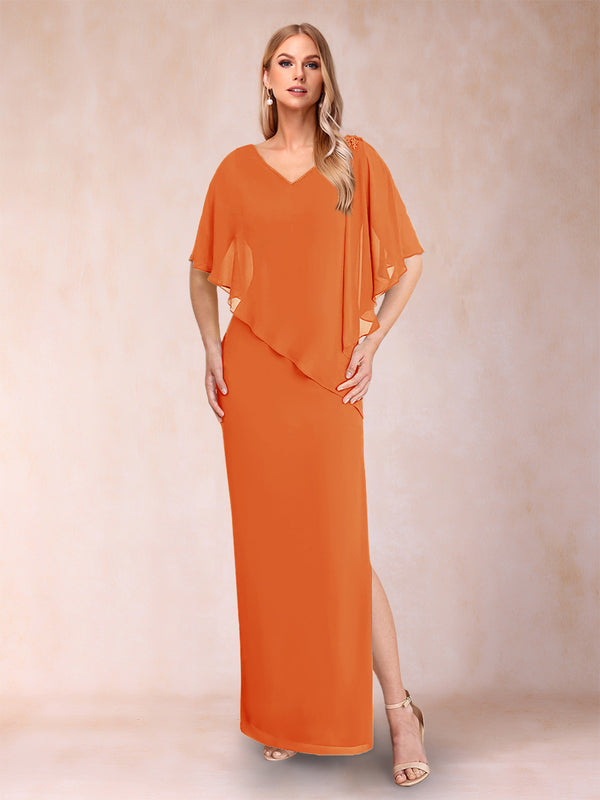 Sheath/Column Chiffon V-Neck Half Sleeves Mother of the Bride Dresses with Split Side