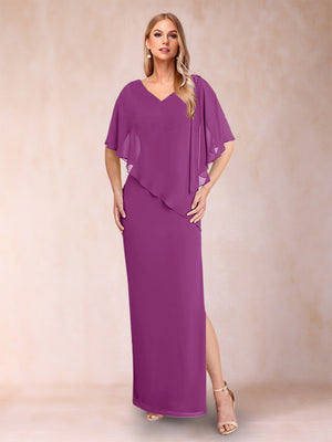 Sheath/Column Chiffon V-Neck Half Sleeves Mother of the Bride Dresses with Split Side