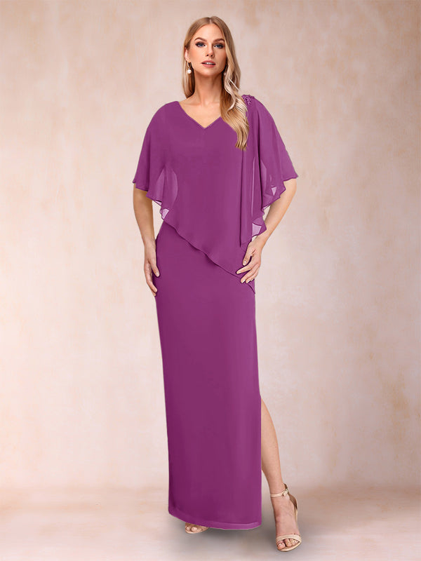 Sheath/Column Chiffon V-Neck Half Sleeves Mother of the Bride Dresses with Split Side