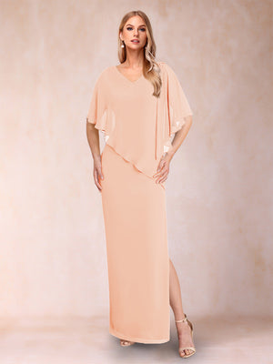 Sheath/Column Chiffon V-Neck Half Sleeves Mother of the Bride Dresses with Split Side
