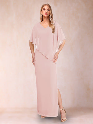 Sheath/Column Chiffon V-Neck Half Sleeves Mother of the Bride Dresses with Split Side
