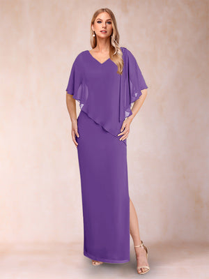 Sheath/Column Chiffon V-Neck Half Sleeves Mother of the Bride Dresses with Split Side