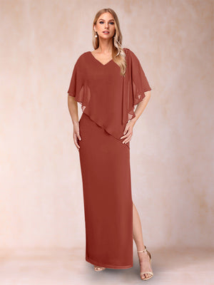 Sheath/Column Chiffon V-Neck Half Sleeves Mother of the Bride Dresses with Split Side