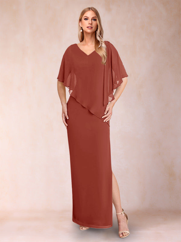 Sheath/Column Chiffon V-Neck Half Sleeves Mother of the Bride Dresses with Split Side