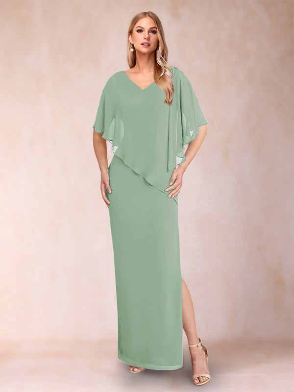 Sheath/Column Chiffon V-Neck Half Sleeves Mother of the Bride Dresses with Split Side