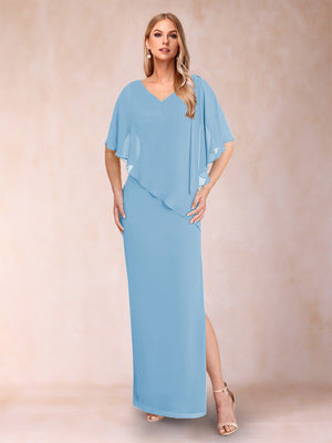 Sheath/Column Chiffon V-Neck Half Sleeves Mother of the Bride Dresses with Split Side