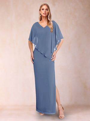 Sheath/Column Chiffon V-Neck Half Sleeves Mother of the Bride Dresses with Split Side