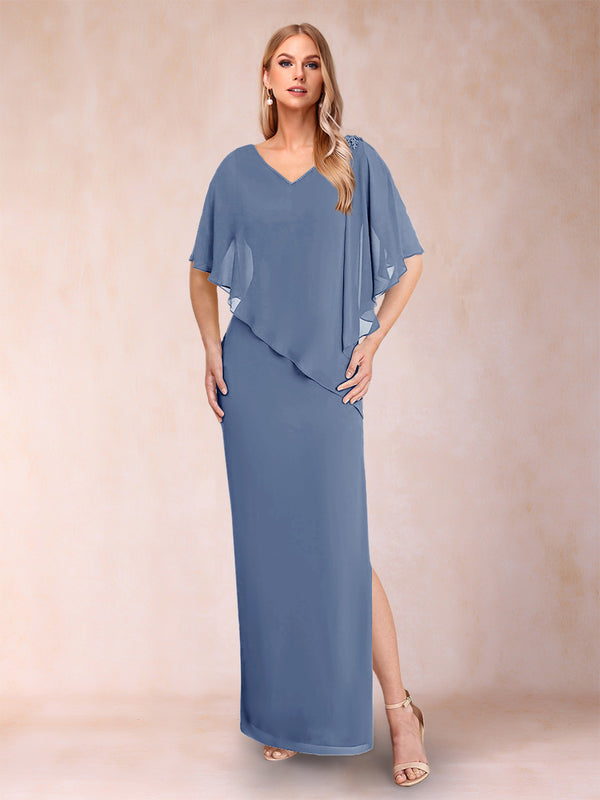 Sheath/Column Chiffon V-Neck Half Sleeves Mother of the Bride Dresses with Split Side