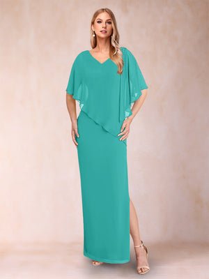 Sheath/Column Chiffon V-Neck Half Sleeves Mother of the Bride Dresses with Split Side