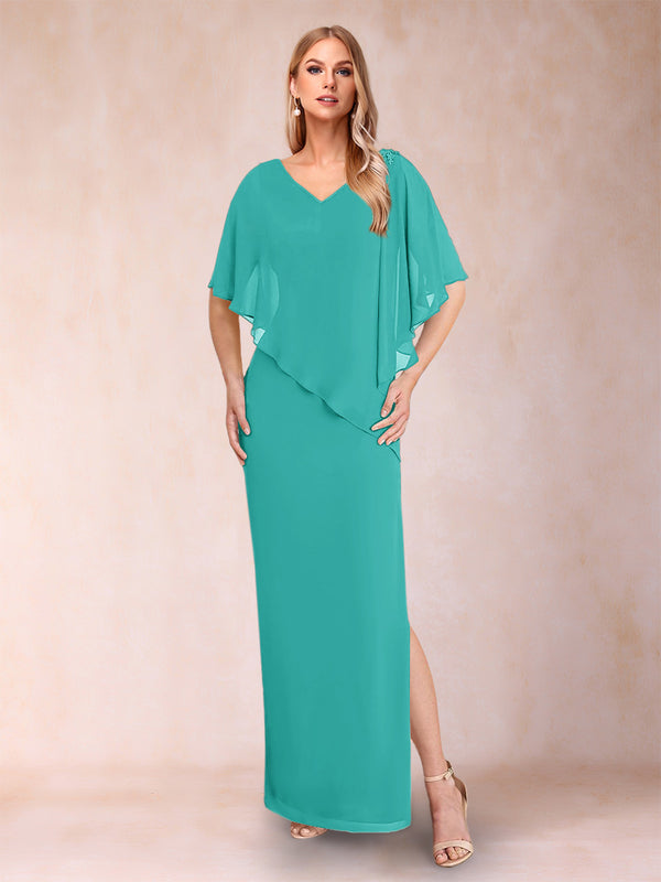 Sheath/Column Chiffon V-Neck Half Sleeves Mother of the Bride Dresses with Split Side