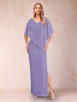 Sheath/Column Chiffon V-Neck Half Sleeves Mother of the Bride Dresses with Split Side