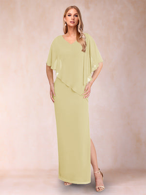Sheath/Column Chiffon V-Neck Half Sleeves Mother of the Bride Dresses with Split Side