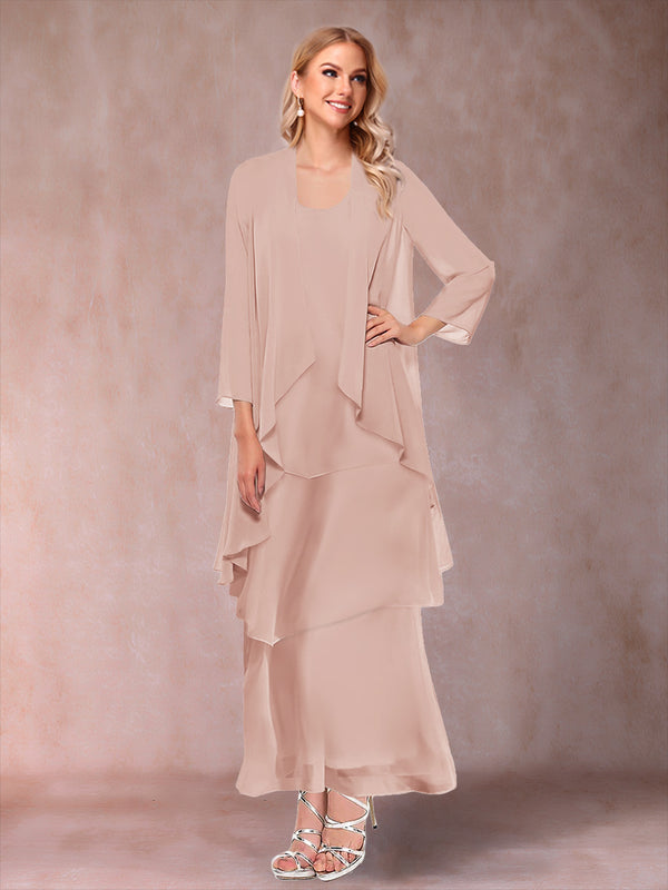 A-Line/Princess Scoop 3/4 Sleeves 3 Pieces Mother of the Bride Dress with Ruffles & Jacket