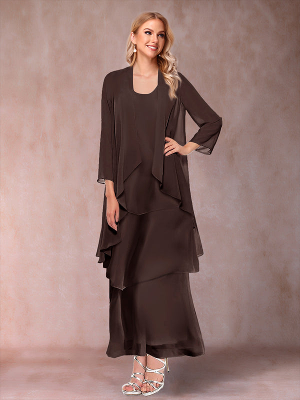 A-Line/Princess Scoop 3/4 Sleeves 3 Pieces Mother of the Bride Dress with Ruffles & Jacket