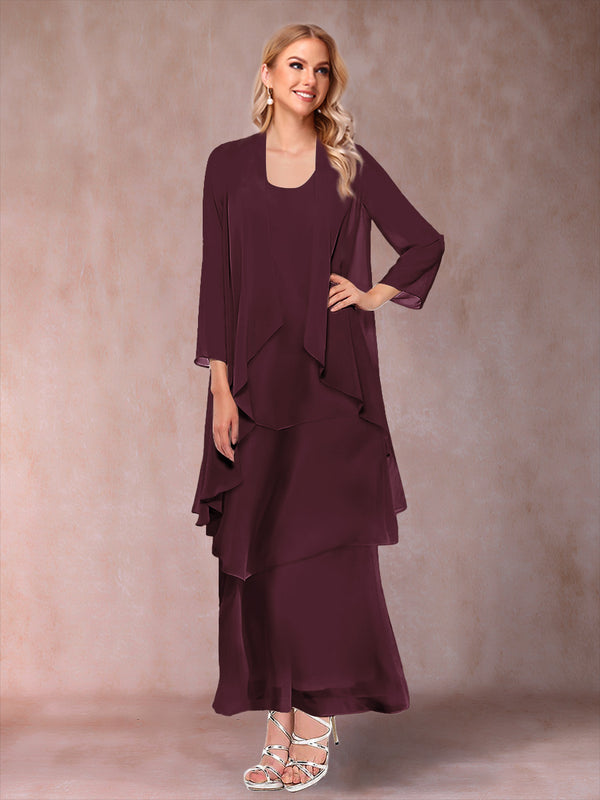 A-Line/Princess Scoop 3/4 Sleeves 3 Pieces Mother of the Bride Dress with Ruffles & Jacket