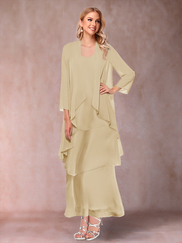A-Line/Princess Scoop 3/4 Sleeves 3 Pieces Mother of the Bride Dress with Ruffles & Jacket