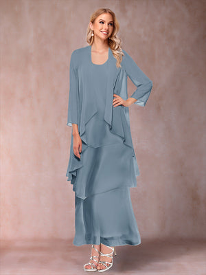 A-Line/Princess Scoop 3/4 Sleeves 3 Pieces Mother of the Bride Dress with Ruffles & Jacket