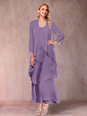 A-Line/Princess Scoop 3/4 Sleeves 3 Pieces Mother of the Bride Dress with Ruffles & Jacket