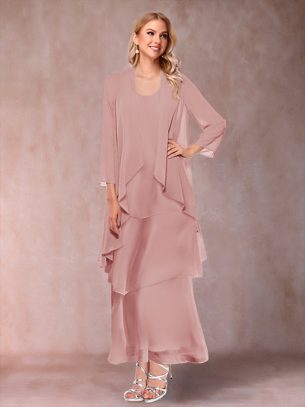 A-Line/Princess Scoop 3/4 Sleeves 3 Pieces Mother of the Bride Dress with Ruffles & Jacket