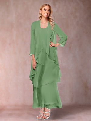 A-Line/Princess Scoop 3/4 Sleeves 3 Pieces Mother of the Bride Dress with Ruffles & Jacket