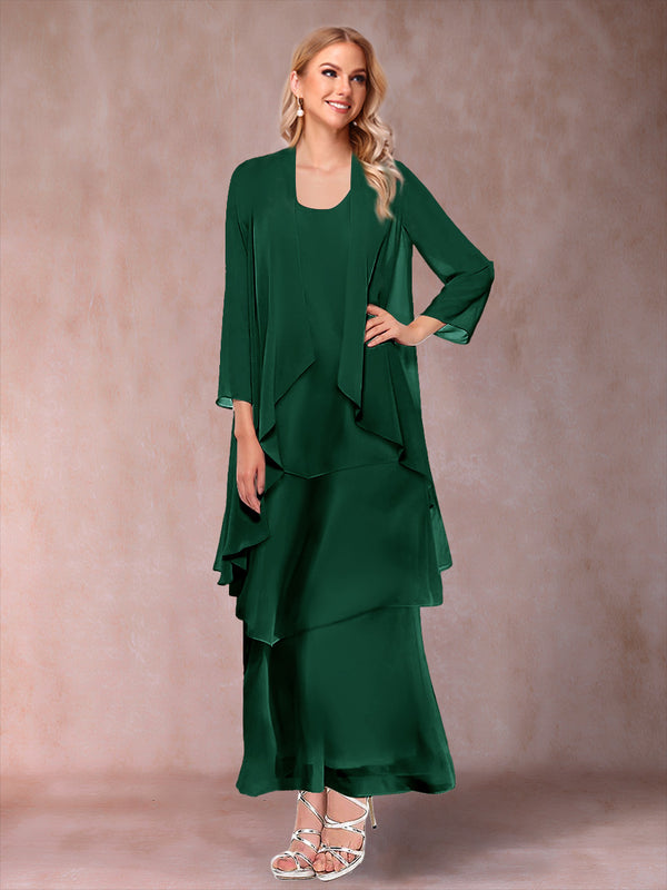A-Line/Princess Scoop 3/4 Sleeves 3 Pieces Mother of the Bride Dress with Ruffles & Jacket
