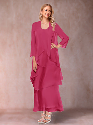 A-Line/Princess Scoop 3/4 Sleeves 3 Pieces Mother of the Bride Dress with Ruffles & Jacket