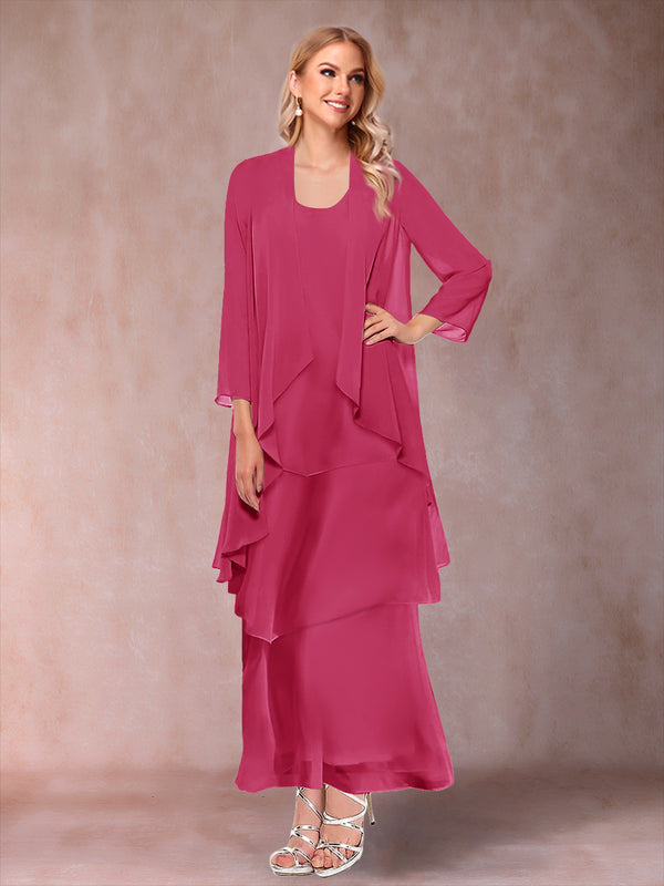 A-Line/Princess Scoop 3/4 Sleeves 3 Pieces Mother of the Bride Dress with Ruffles & Jacket